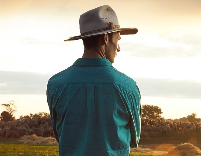 Man with back to camera, herd of sheep in background - representative of what Pacific Seeds Stand for